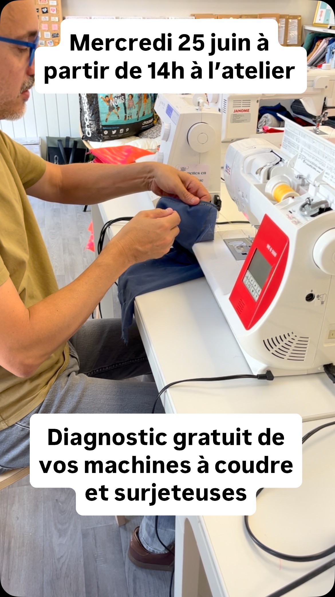 📣 Vous et votre machine, vous ne vous comprenez plus ? Ou simplement vous avez l’impression qu’elle mérite d’être un peu chouchoutée ?

Anthony, technicien spécialiste de la machine à coudre vous propose des diagnostics gratuits à l’atelier ce mercredi tout l’après midi. C’est le moment de vérifier avec lui si votre machine a besoin d’une révision ou d’une réparation 😉

📅 Avec ou sans rendez-vous 
N’hésitez pas à me contacter pour toute information complémentaire.

#ruedesnuages #atelierdecouturebordeaux #réparationmachineacoudrebordeaux #reparationsurjeteusebordeaux #diagnosticmachines