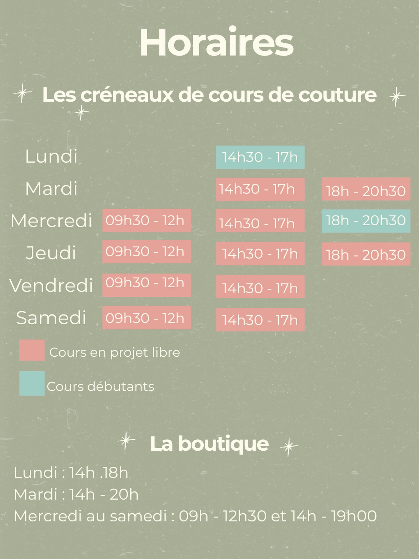Nouveaux horaires de l’atelier ☁️

À la rentrée, les horaires de l’atelier changent un peu…. Plus d’animatrices, c’est aussi plus de créneaux disponibles 😉

Anais @nana.crea.tions vous proposera des ateliers dédiés aux débutants les lundis après-midi et mercredis soir. Des ateliers en petits groupes pour faire ses premiers pas en couture. 
Les créneaux de projets libres sont partagés entre Aurelie et Caroline @simonek_couture du mardi au samedi.
 
Vous pouvez déjà réserver vos cours de la rentrée (lien de réservation en bio 😉)

#ruedesnuages #coursdecouturebordeaux #merceriebordeaux #atelierdecouturebordeaux