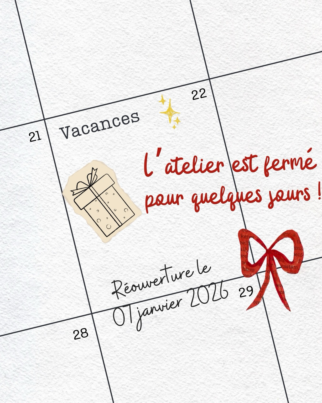 🎄💫🎁 Un petit mot pour vous rappeler que l’atelier ferme après le cours de cet après midi. La réouverture est prévue le 07 janvier ! 
Pendant cette période, nous allons :
✨ Recharger les batteries et profiter de nos proches 
✨ Faire un peu de couture perso pour le plaisir 
✨ Faire l’inventaire et préparer l’atelier pour votre retour 
Nous souhaitons à chacun de passer de belles fêtes 🎈Prenez soin de vous et de vos proches 🫶🏻
… et rester un peu par ici, il se peut que l’on prépare une petite surprise de fin d’année 😉 

#ruedesnuages #coursdecouturebordeaux #merceriebordeaux