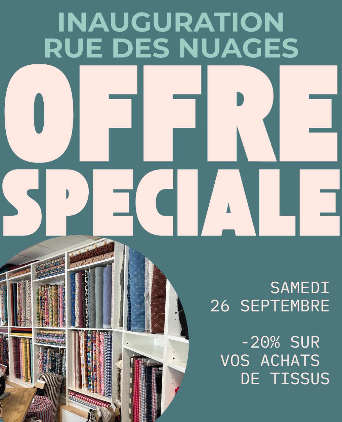 🎉 JOUR D’INAUGURATION 🎉

On ne pouvait pas imaginer fêter notre ouverture sans vous proposer une offre spéciale pour vous faire plaisir 🤩 

🧵 -20 % sur tous les tissus 
📅 Offre valable le samedi 26 septembre toute la journée 

Venez découvrir l’univers de Rue des nuages et trouver l’inspiration pour vos prochaines créations 🥰