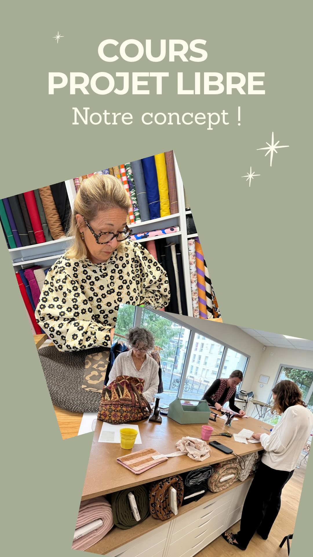 PROJET LIBRE 🧵
Pour vos cours de couture, on a imaginé le format le plus souple possible 🤸‍♀️
Tu choisis ton projet, ton rythme, tes fournitures, de venir avec ta machine ou d’essayer celles de l’atelier… tout ça dans la convivialité et la bonne humeur 😊

RUE DES NUAGES 
Mercerie, cours de couture, retouches 
📍31 rue Henri Dunant Bordeaux