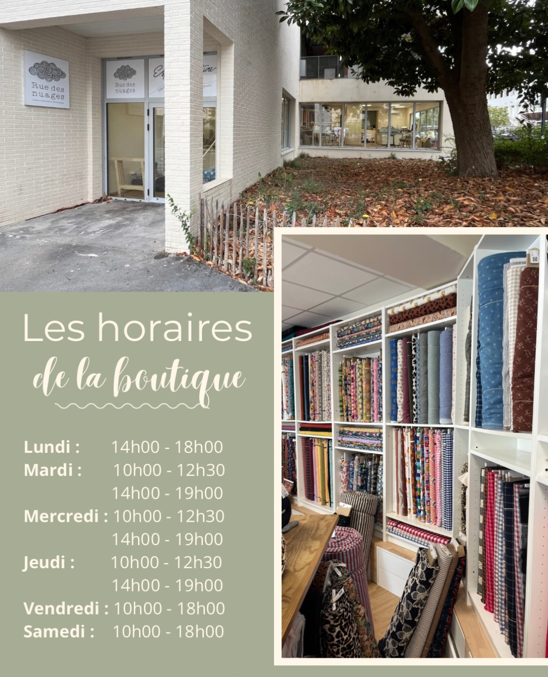 📍 Nouvelle adresse, nouveaux horaires !
Dès demain, les portes de notre nouvelle boutique s’ouvrent à vous ✨
Et parce que nous avions à cœur de vous faciliter la vie, vous pourrez désormais venir faire vos achats entre midi et deux les vendredis et samedis. Plutôt chouette, non ? 😜
Nous sommes impatientes de vous faire découvrir ce nouvel écrin, pensé pour accueillir vos projets couture, vos inspirations et vos envies de création.

À très vite dans notre nouvelle boutique 💙