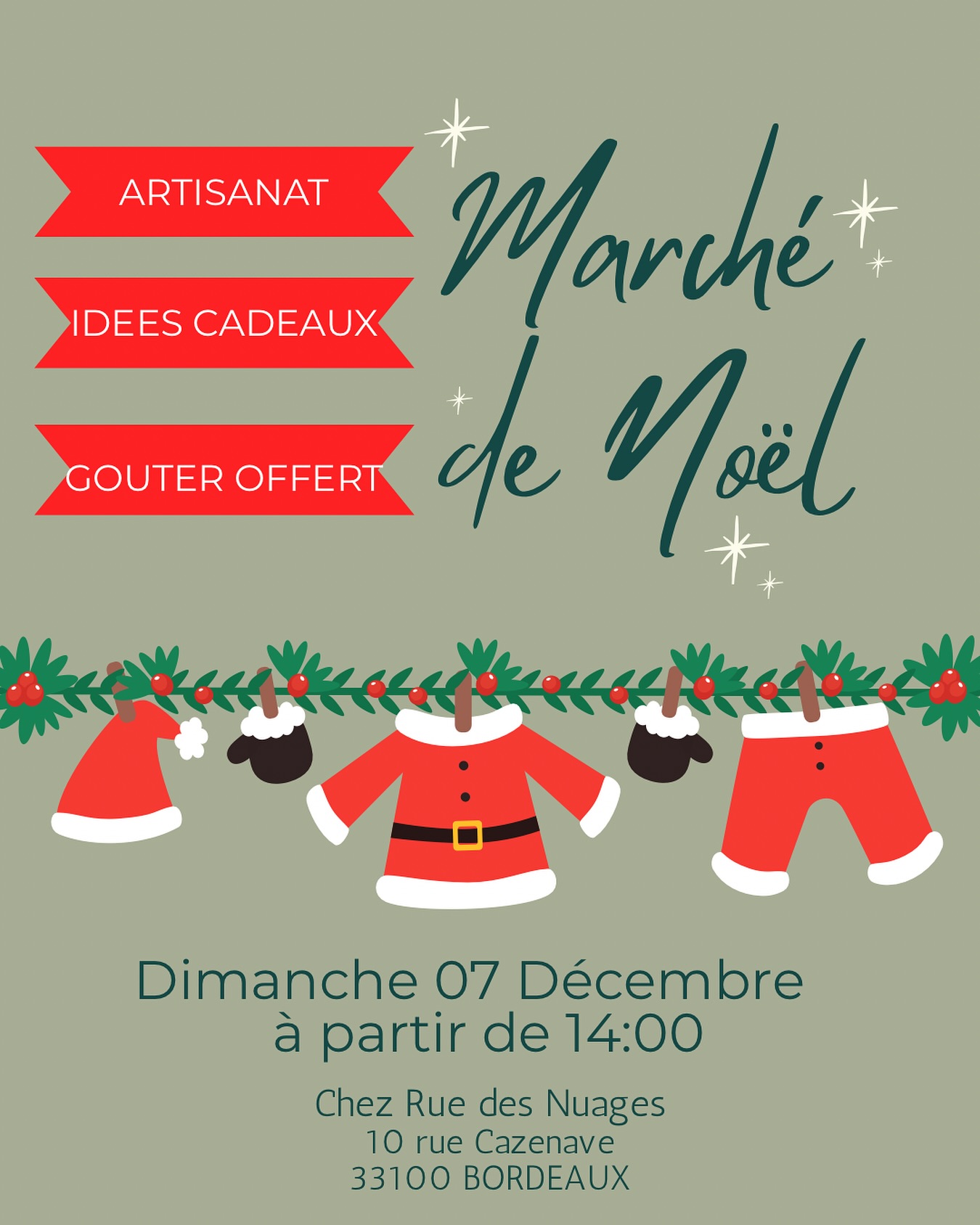 🎄✨ Le rendez-vous incontournable de Noël est de retour !

@ruedesnuages vous invite à son mini marché de Noël 🎁
📅 Dimanche 7 décembre, venez passer un après-midi magique avec :
@stephanebpatisseriesbordeaux · @tresorsdeava · @111centonze · @anouchk.atelier

🌟 Au programme :
✔️ Des créations 100% artisanales et locales
✔️ Une ambiance cosy et festive
✔️ Un goûter ultra gourmand signé @stephanebpatisseriesbordeaux 😋
🎅🏻 L’occasion parfaite pour faire vos emplettes de Noël tout en vous régalant !

On a hâte de vous  rencontrer ❤️