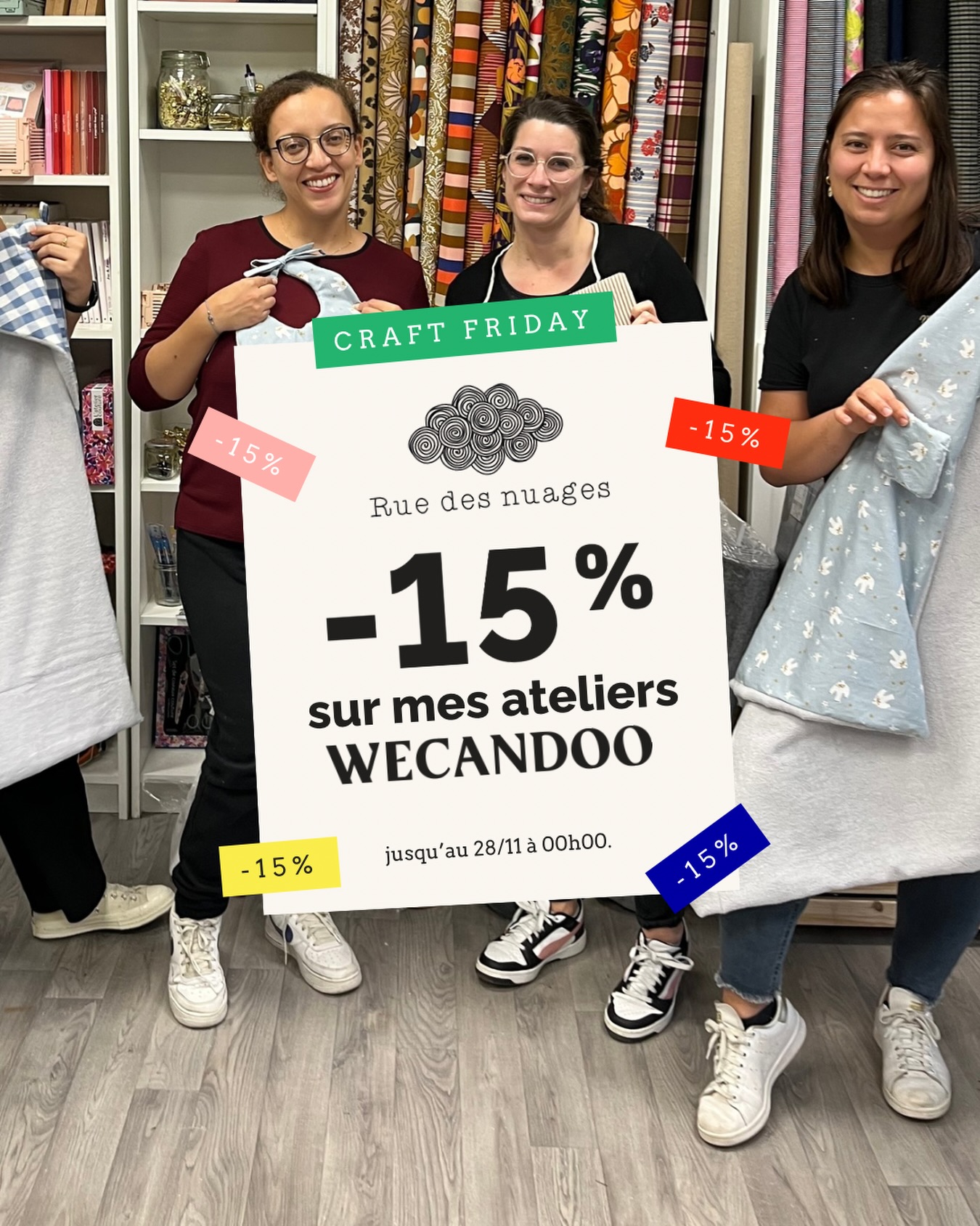 ⚠️ Uniquement du 27/11 à 18h au 28/11 à minuit
Craft Friday : -15% sur mes ateliers @wecandoo💥 

C’est le moment d’offrir un cadeau qui se vit !
⚠️ Durée limitée - offre valable du 27 à 18h au 28 novembre à minuit !
👉 Pour en profiter, rendez-vous sur ma@page @wecandoo (lien en bio 😉)

#ruedesnuages #wecandoo #artisanwecandoo craftfriday artisanatfrancais artisanatlocal ideecadeau cadeaunoel noel2025 noblackfriday