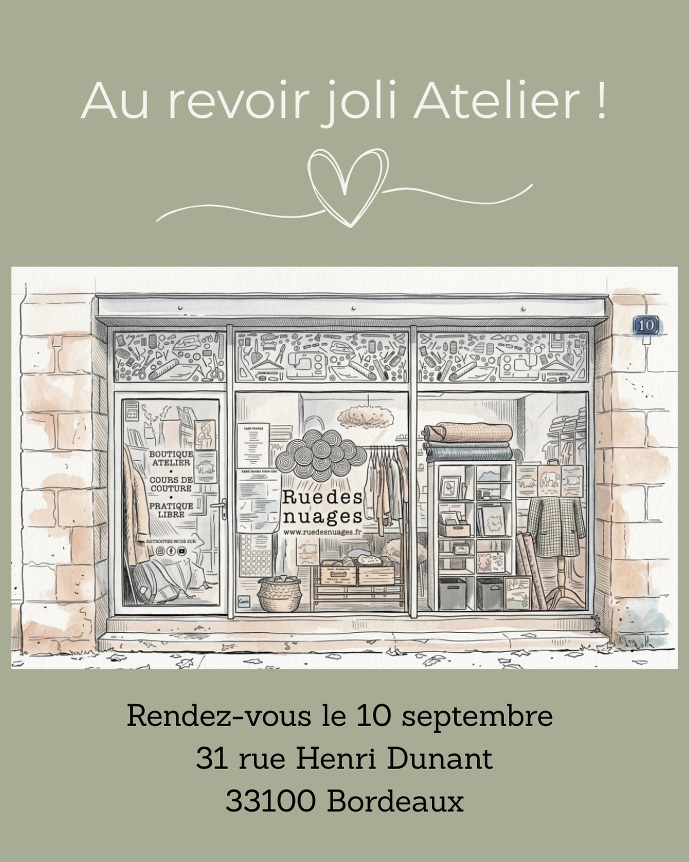 ✨ Quelle émotion aujourd’hui ! ✨

Je vais animer mes derniers cours dans l’atelier du 10 rue Cazenave ☺️
En 6 ans, nous y avons vécu tellement de beaux moments, partagé tant de sourires, d’anecdotes, de créations et passer de si bonnes soirées ! 
Je garderai toujours de merveilleux souvenirs de ce lieu qui a vu Rue des Nuages grandir et s’épanouir.

Mais l’aventure continue, et elle sera encore plus belle ! 💛
Je vous donne rendez-vous dès le 10 septembre au 31 rue Henri Dunant pour écrire ensemble un nouveau chapitre.

🙏 Merci pour votre fidélité et votre confiance. Grâce à vous, Rue des Nuages continue de grandir et de créer des emplois.

Et vous, quel est votre plus beau souvenir dans l’atelier du 10 rue Cazenave ? ✨ Racontez-le-nous en commentaire, j’ai hâte de vous lire. 💬

À très vite dans notre nouveau cocon ! ☁️✨