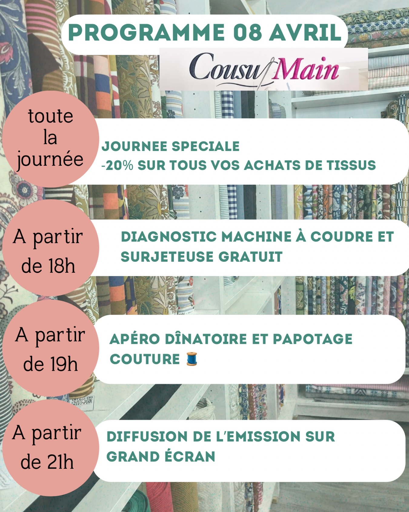 🚨 Bordeaux, on démarre la tournée des viewing parties de Cousu Main le 8 avril chez Rue des nuages ! Et on est BEAUCOUP trop contentes de vous recevoir.

🧵 18h : diagnostics gratuits de vos machines avec Anthony 
🥨 19h : apéro dînatoire & papotages couture ⭐ Invitées spéciales : Agathe @agathe_bigandbeautiful & Claire  @jaunecouture 
📺 21h : début de l’émission — on encourage nos candidates bordelaises !

Ambiance, émotions et couture : on vous attend !

Pour des questions d’organisation, ce serait super que tu puisses répondre au sondage ci dessous 😉
