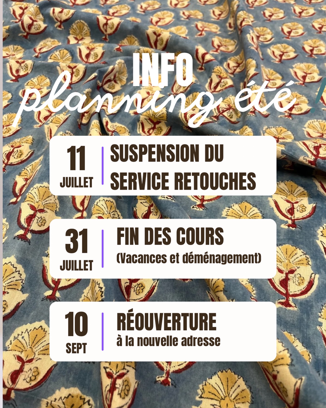 La période des vacances arrive doucement… il vous reste un mois pour venir coudre vos tenues estivales à l’atelier avant la pause annuelle ✨

Cette année est un peu particulière car nous allons profiter des vacances pour nous installer dans notre nouvelle boutique !! 
On vous communique le planning de l’été 😉

🧵 Suspension du service retouches ➡️ À partir du 11 juillet
🎓 Fin des cours & fermeture de l’atelier ➡️ À partir du 31 juillet
🏠 Nouvelle adresse pour la rentrée !  Nous aurons le plaisir de vous retrouver autour du 10 septembre, 📍 au 31 rue Henri Dunant – Bordeaux

Merci pour votre compréhension, votre fidélité et votre douceur. On se retrouve très vite pour une rentrée pleine de créativité et un atelier tout neuf prêt à vous accueillir 🌸