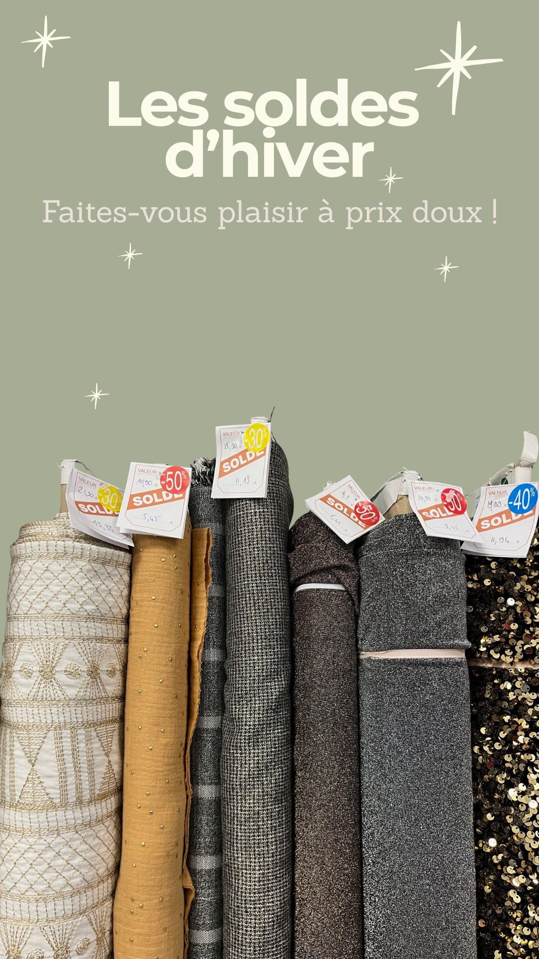 SOLDES DHIVER 🛍️

Je vous propose un petit aperçu des tissus soldés à l’atelier pour vous faire plaisir à prix doux 🥰

Remises jusqu’à 70%.
Disponible jusqu’au 03 février dans la limite des stocks disponibles.

#ruedesnuages #merceriebordeaux #soldestissus