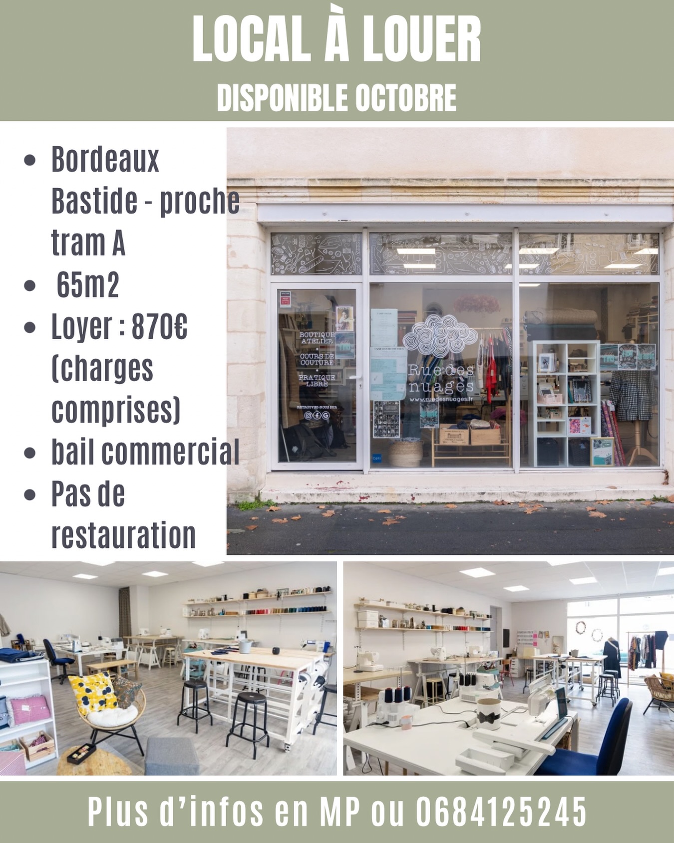 🏡 Local disponible à la location – Bordeaux Bastide
Le local que j’occupe actuellement sera disponible à la location à partir d’octobre 2026.

📍 Bordeaux Bastide – à deux pas du tram A 
📐 65 m² 
💶 Loyer : 870 € charges comprises 
📄 Bail commercial 
🍽️ Pas de restauration

Un espace lumineux, bien situé, idéal pour une petite boutique, une activité artisanale, créative ou de service. 
✨ Si tu connais quelqu’un… qui connaît quelqu’un…  N’hésite pas à partager l’annonce autour de toi. Le bouche‑à‑oreille fonctionne souvent mieux que n’importe quelle plateforme.

Pour plus d’infos ou pour organiser une visite, tu peux me contacter directement.