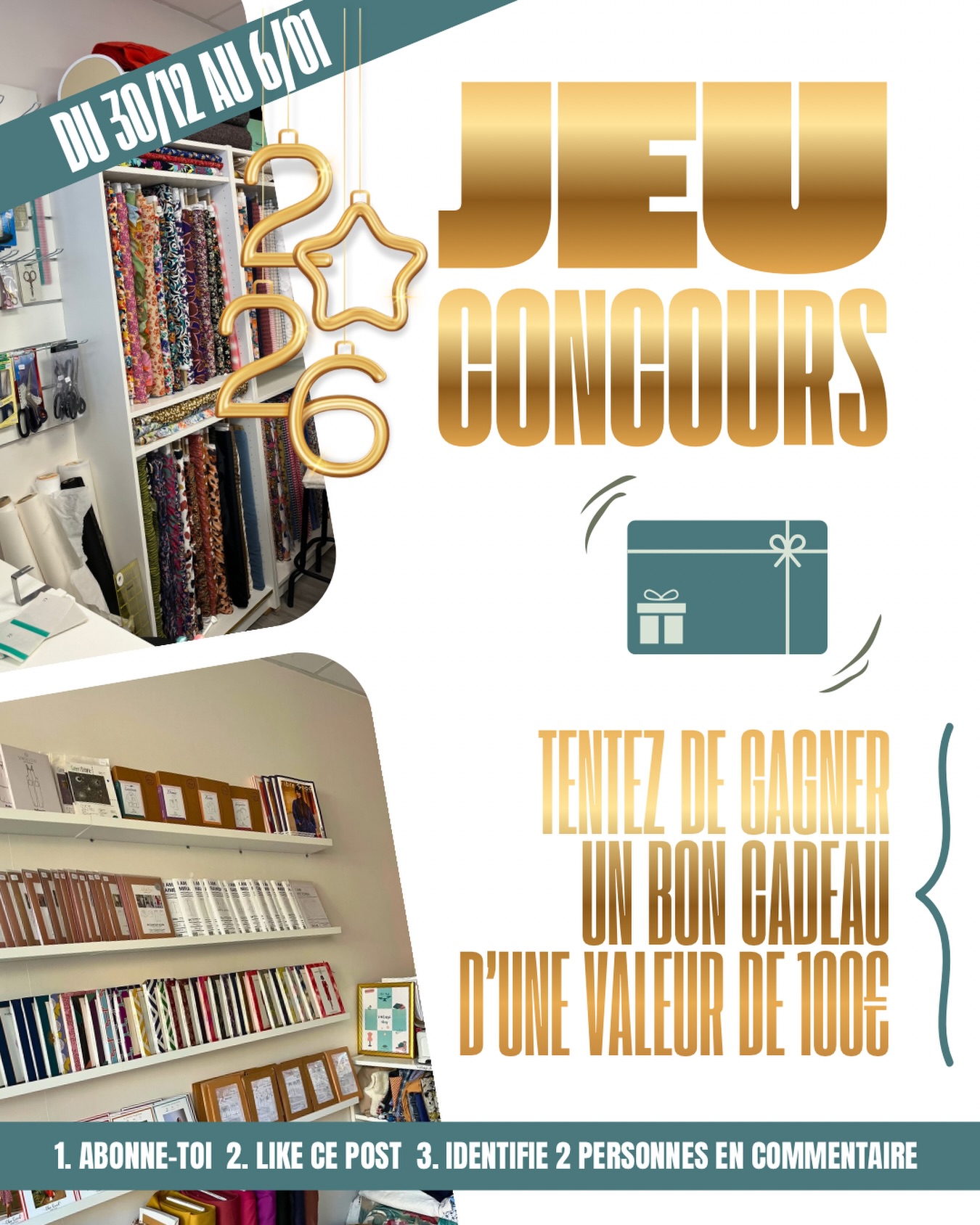 🎉 Jeu concours du Nouvel An ! 🥳

Pour vous remercier de cette incroyable année 2025 et bien commencer 2026, j’ai envie de vous gâter !

✨ À gagner :
Un bon d’achat de 100 € valable sur les cours, les tissus ou la mercerie.

Pour participer :
✅ Être abonné(e) à la page
✅ Liker ce post
✅ Inviter 2 amis en commentaire
📲 Bonus : Partage ce post en story pour doubler tes chances !

📅 Tirage au sort : le 6 janvier

Bonne chance à toutes et à tous ! 🍀

#ruedesnuages #jeuconcourscouture #concourscouture