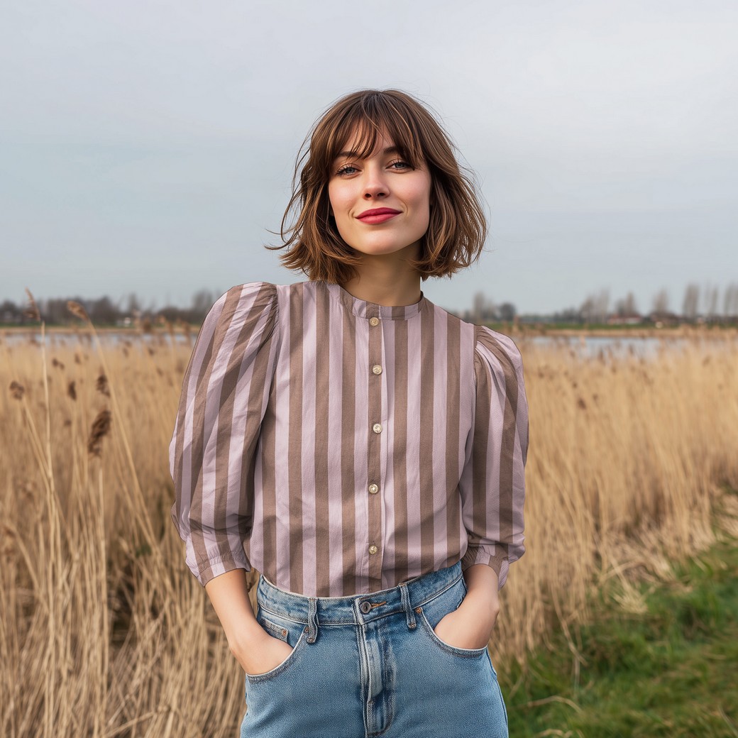 Coton teint en fil rayures rose clair/marron – Image 2