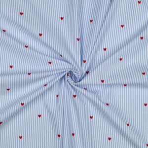Coton rayés bleu clair et coeurs rouges