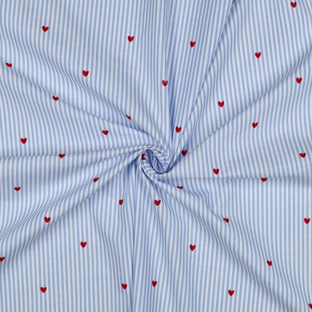 Coton rayés bleu clair et coeurs rouges