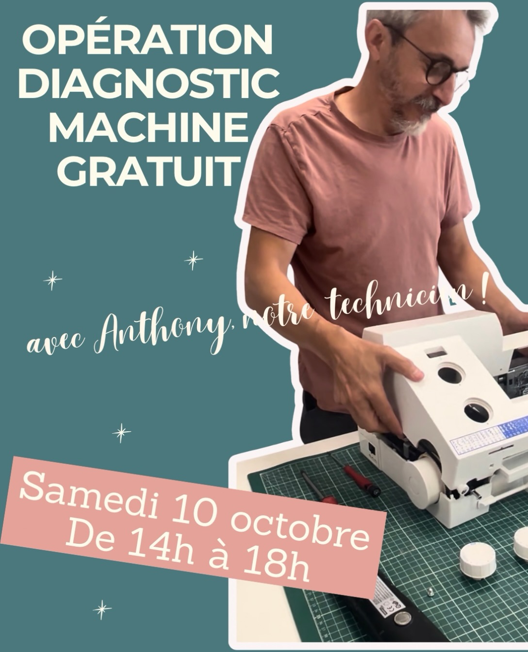🛠️ Diagnostic machine à coudre gratuit ! 🧵

Votre machine fait un bruit étrange ? 
Elle peine à entraîner le tissu ? 
Ou vous souhaitez simplement vérifier qu’elle est en pleine forme avant vos prochains projets ?

📅 Samedi 10 octobre 
🕑 De 14h à 18h 
📍 Boutique - Atelier Rue des nuages

Notre technicien Anthony vous propose un diagnostic gratuit de votre machine à coudre ou surjeteuse pour identifier d’éventuels réglages ou besoins d’entretien.
✅ Avec ou sans rendez-vous 
✅ Toutes marques bienvenues 
✅ Conseils personnalisés
Que votre machine soit une fidèle compagne depuis des années ou une récente acquisition, c’est l’occasion de faire le point avec un professionnel passionné.

Nous vous conseillons de prendre rendez-vous pour éviter l’attente mais les visites spontanées seront également les bienvenues !

✨ À très bientôt à l’atelier !